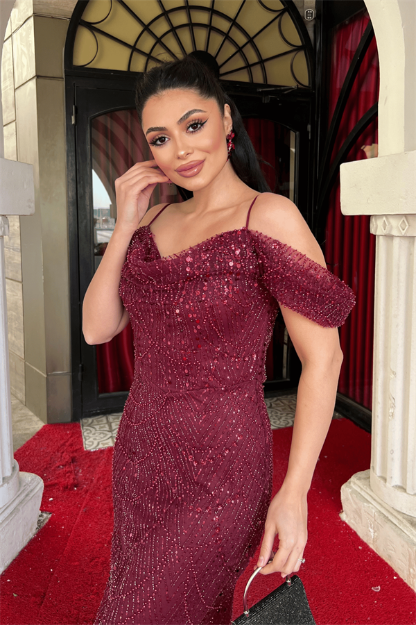 Full Boncuk Kumaş Kayık Yaka Balık Abiye Elbise - BORDO