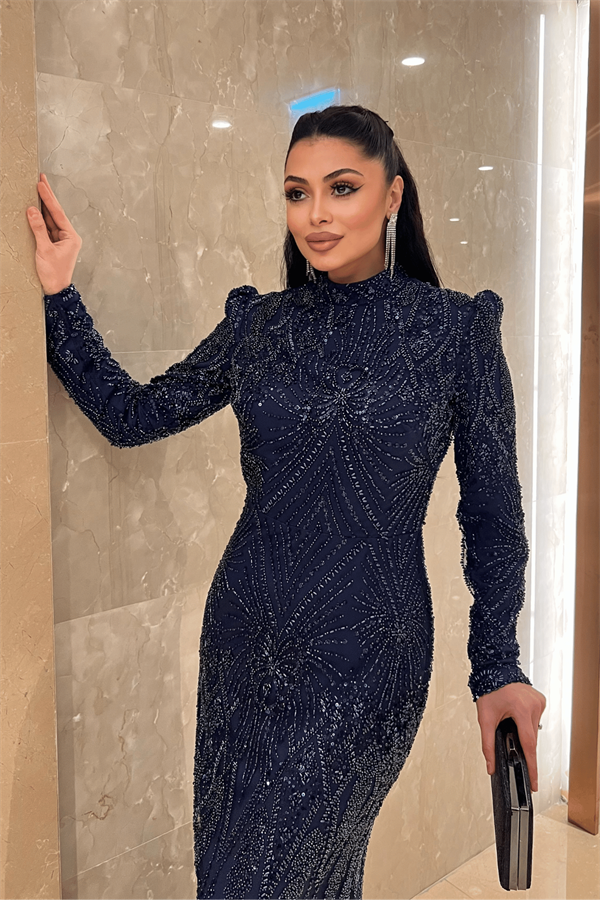 Full Boncuk Kumaş Tasarım Abiye Elbise - LACİVERT