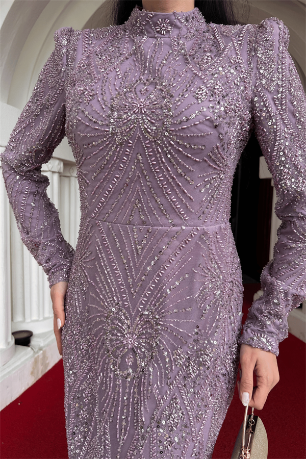 Full Boncuk Kumaş Tasarım Abiye Elbise - LİLA