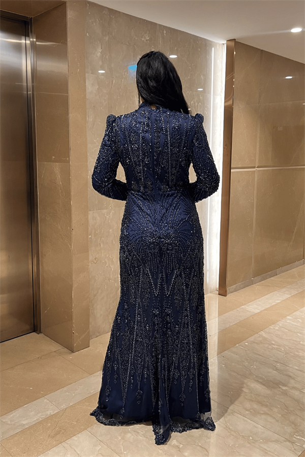 Full Boncuk Kumaş Tasarım Abiye Elbise - LACİVERT