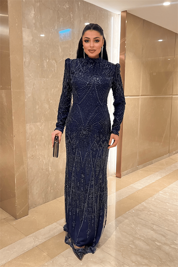 Full Boncuk Kumaş Tasarım Abiye Elbise - LACİVERT
