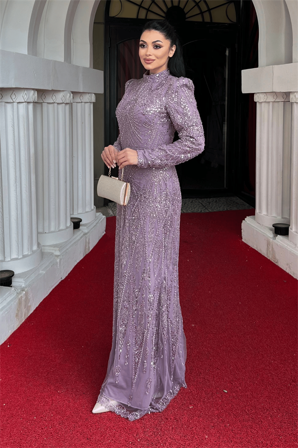 Full Boncuk Kumaş Tasarım Abiye Elbise - LİLA