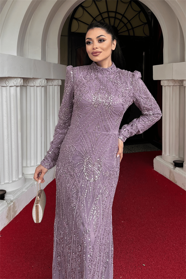 Full Boncuk Kumaş Tasarım Abiye Elbise - LİLA