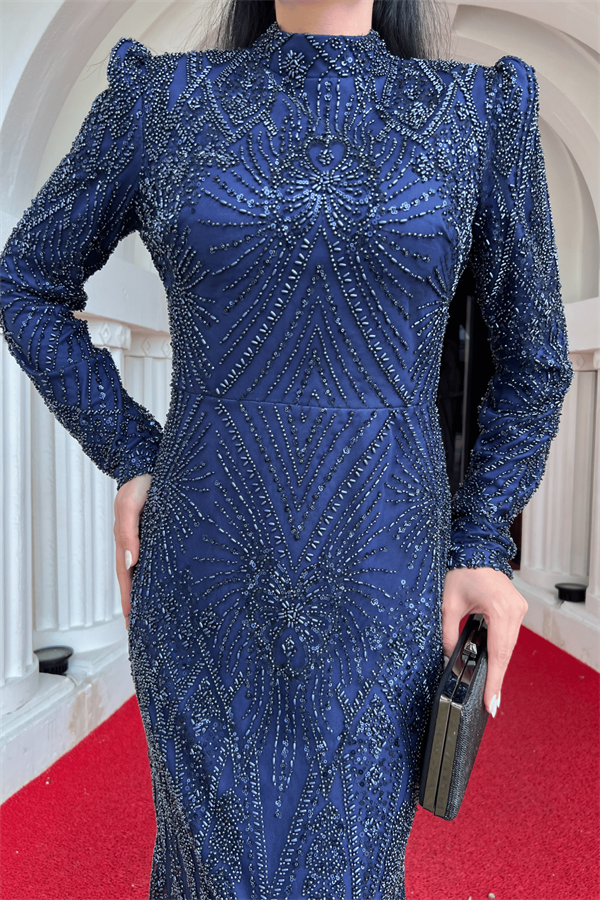 Full Boncuk Kumaş Tasarım Abiye Elbise - LACİVERT