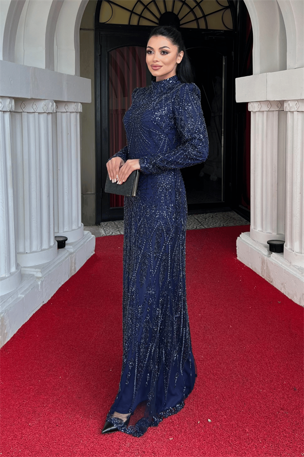 Full Boncuk Kumaş Tasarım Abiye Elbise - LACİVERT