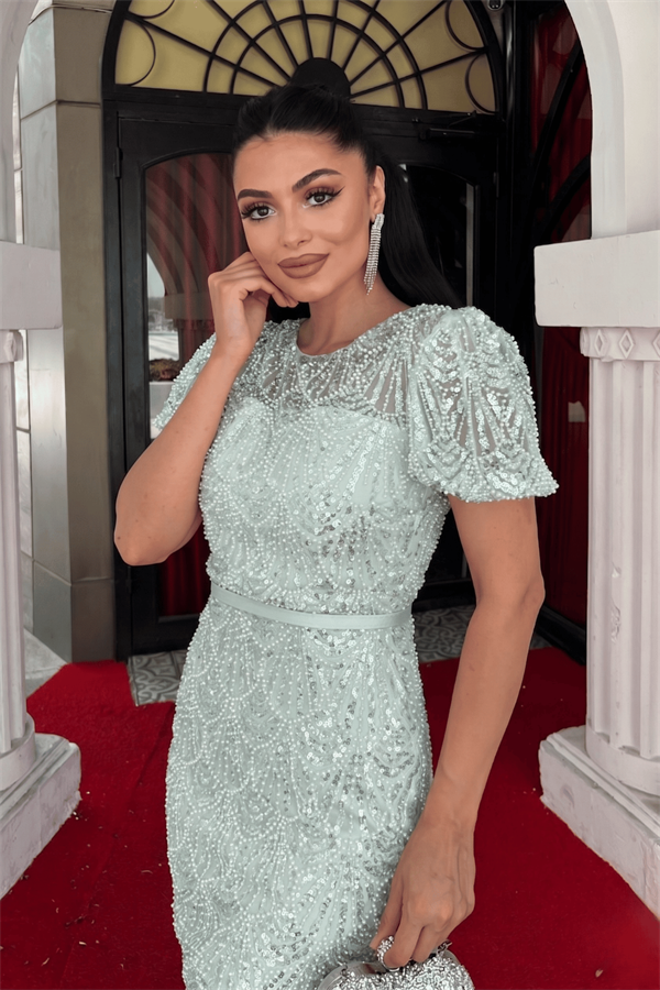 Full Boncuklu Kalem Elbise - MİNT YEŞİLİ