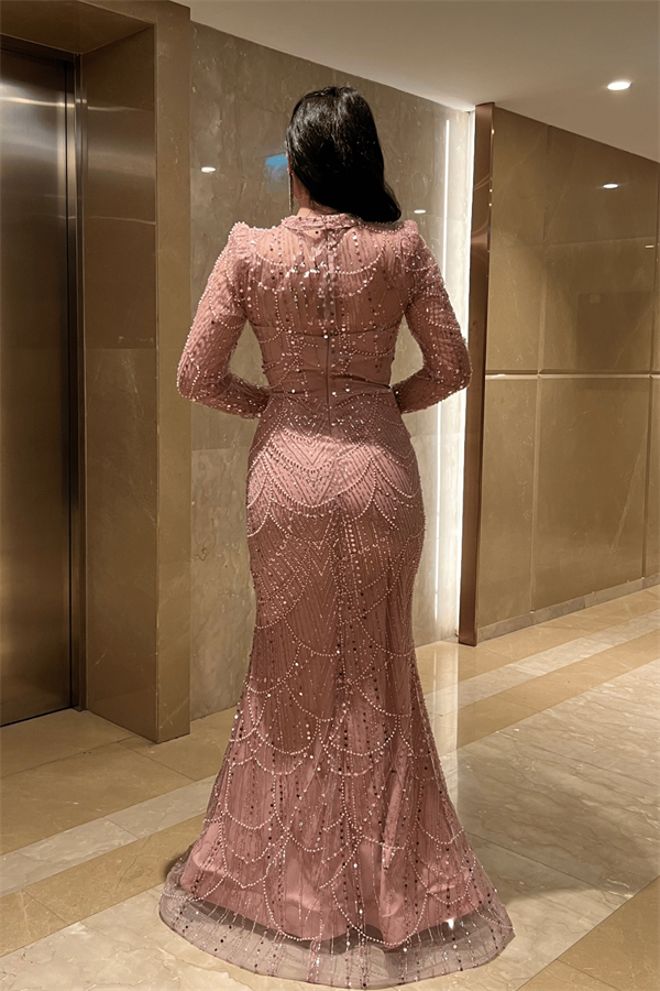 Full Boncuklu Kumaş Balık Abiye Elbise - PUDRA