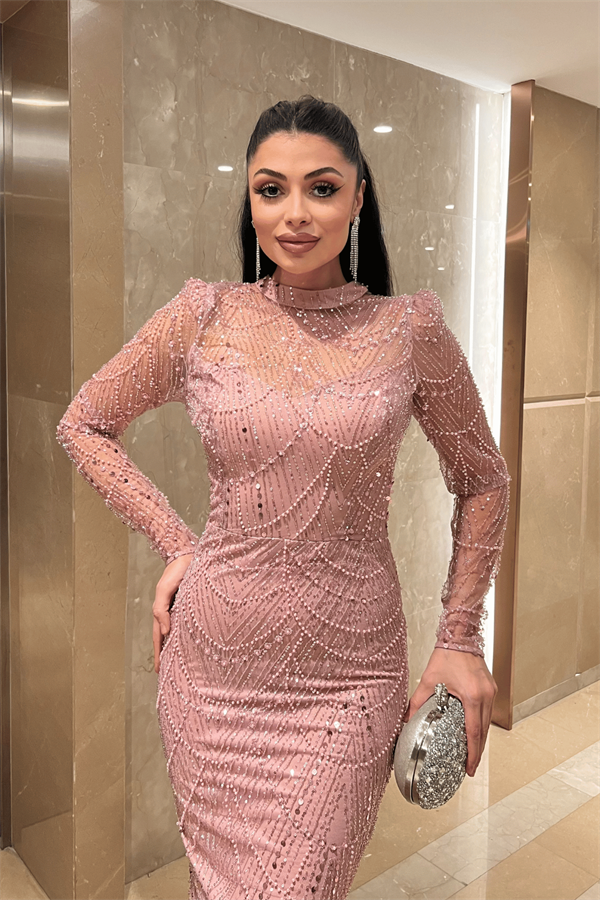 Full Boncuklu Kumaş Balık Abiye Elbise - PUDRA