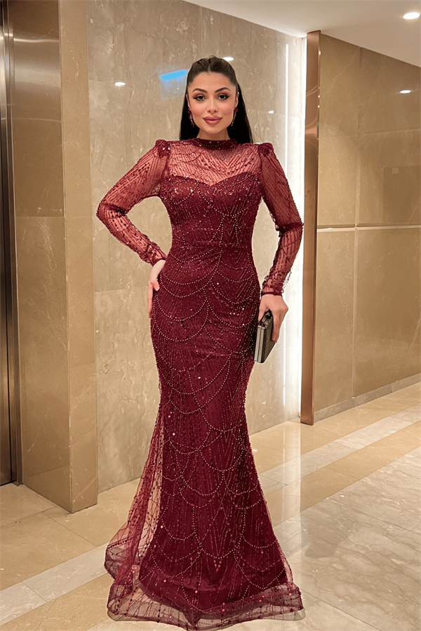 Full Boncuklu Kumaş Balık Abiye Elbise - BORDO