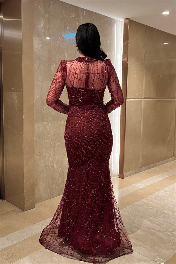 Full Boncuklu Kumaş Balık Abiye Elbise - BORDO
