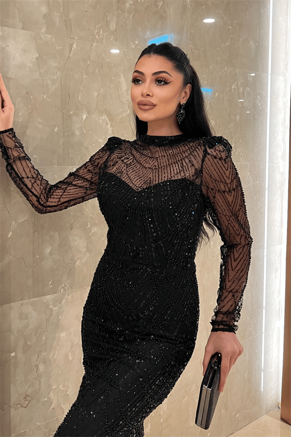 Full Boncuklu Kumaş Balık Abiye Elbise - SİYAH