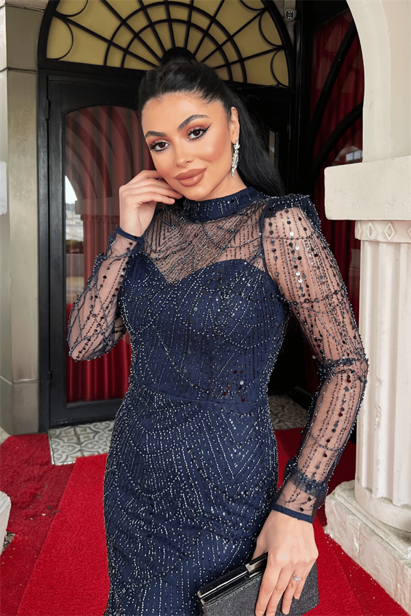 Full Boncuklu Kumaş Balık Abiye Elbise - LACİVERT