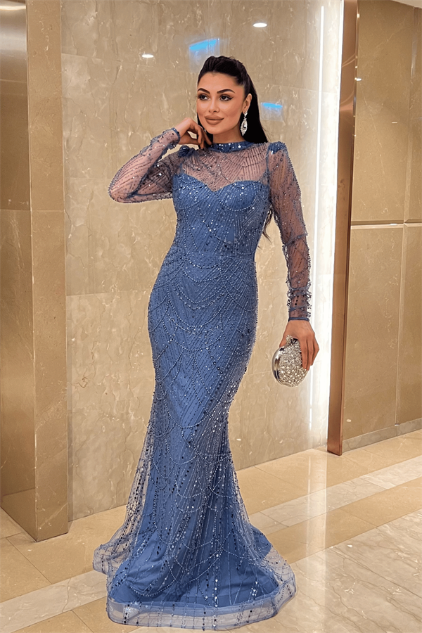 Full Boncuklu Kumaş Balık Abiye Elbise - İNDİGO MAVİ