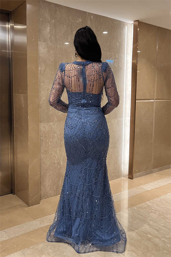 Full Boncuklu Kumaş Balık Abiye Elbise - İNDİGO MAVİ