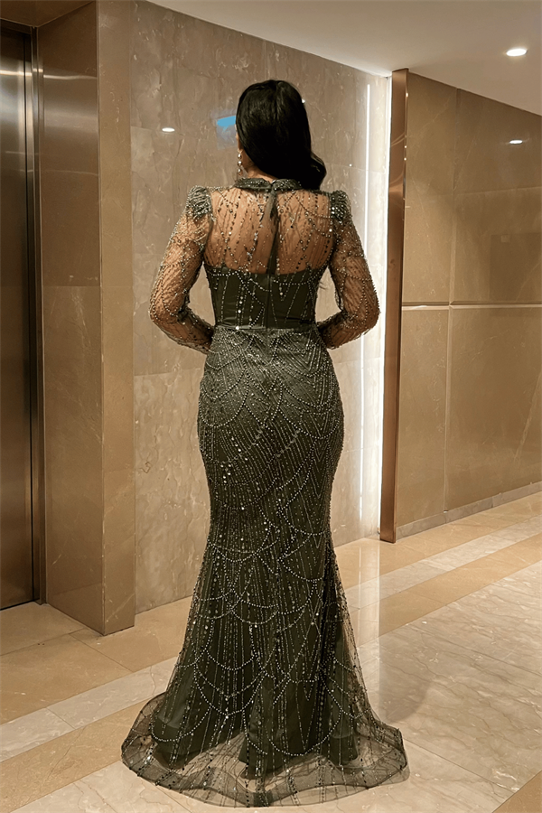 Full Boncuklu Kumaş Balık Abiye Elbise - HAKİ YEŞİLİ