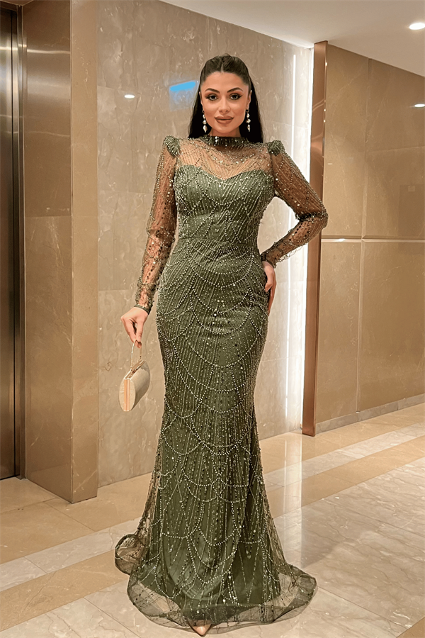 Full Boncuklu Kumaş Balık Abiye Elbise - HAKİ YEŞİLİ