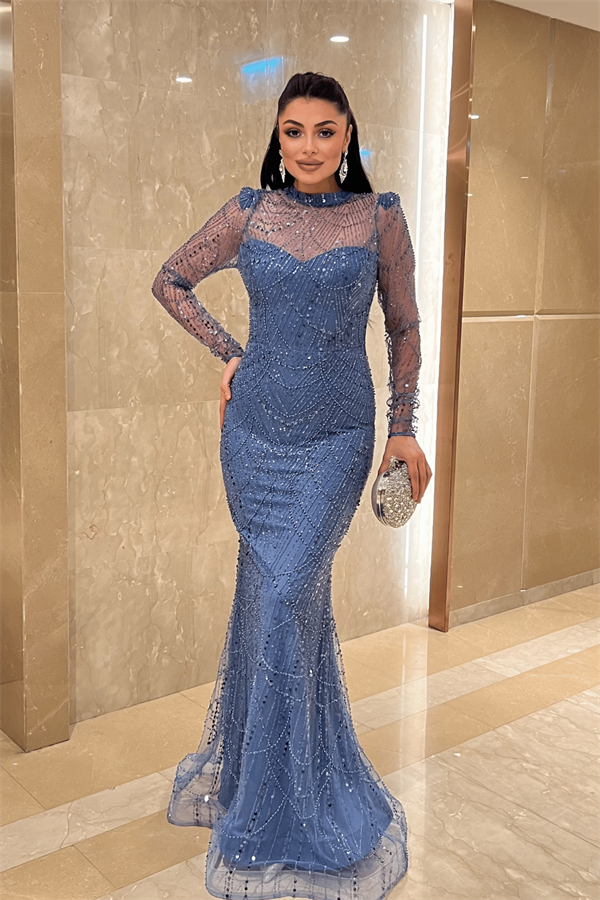 Full Boncuklu Kumaş Balık Abiye Elbise - İNDİGO MAVİ