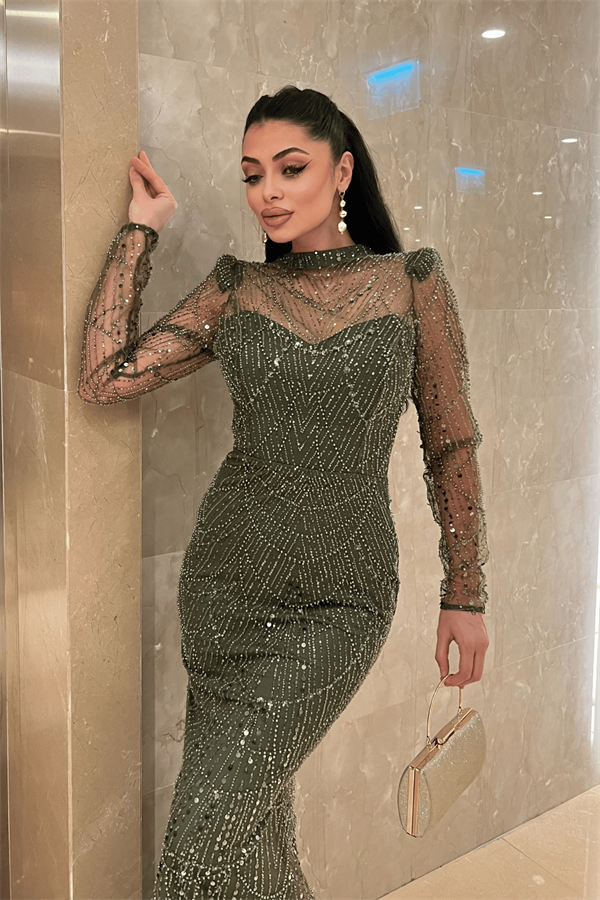 Full Boncuklu Kumaş Balık Abiye Elbise - HAKİ YEŞİLİ