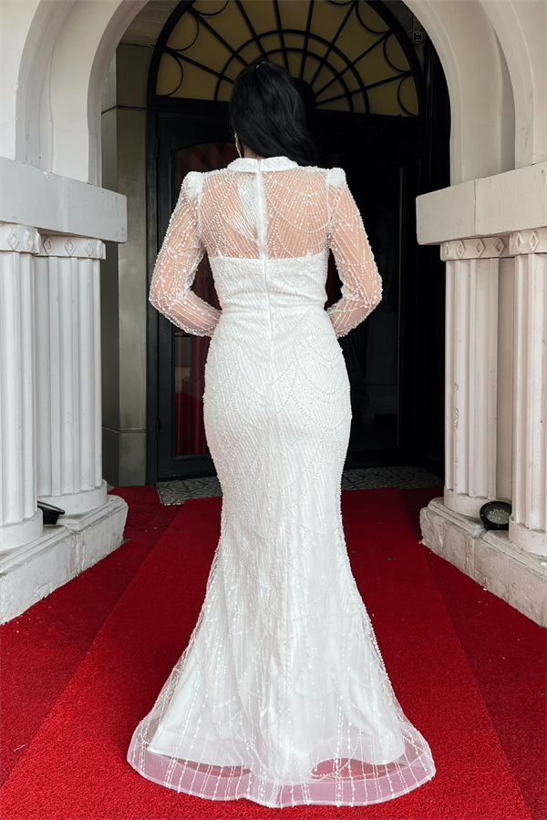 Full Boncuklu Kumaş Balık Abiye Elbise - BEYAZ