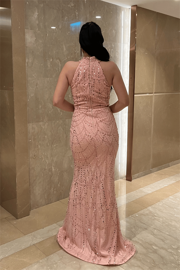 Full Boncuklu Kumaş Boyundan Bağlamalı Abiye Elbise - PUDRA