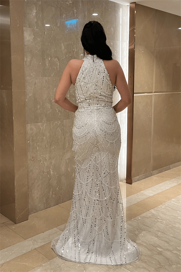 Full Boncuklu Kumaş Boyundan Bağlamalı Abiye Elbise - BEYAZ