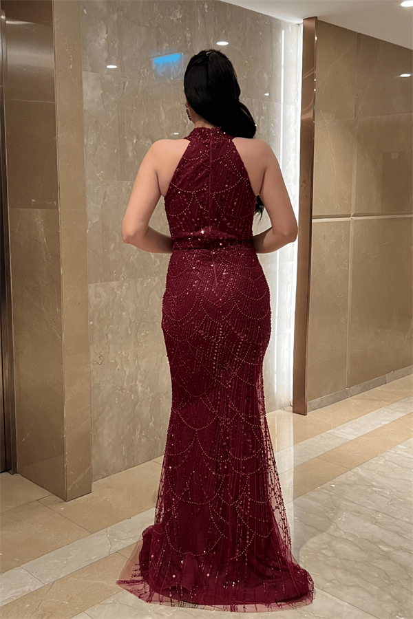 Full Boncuklu Kumaş Boyundan Bağlamalı Abiye Elbise - BORDO