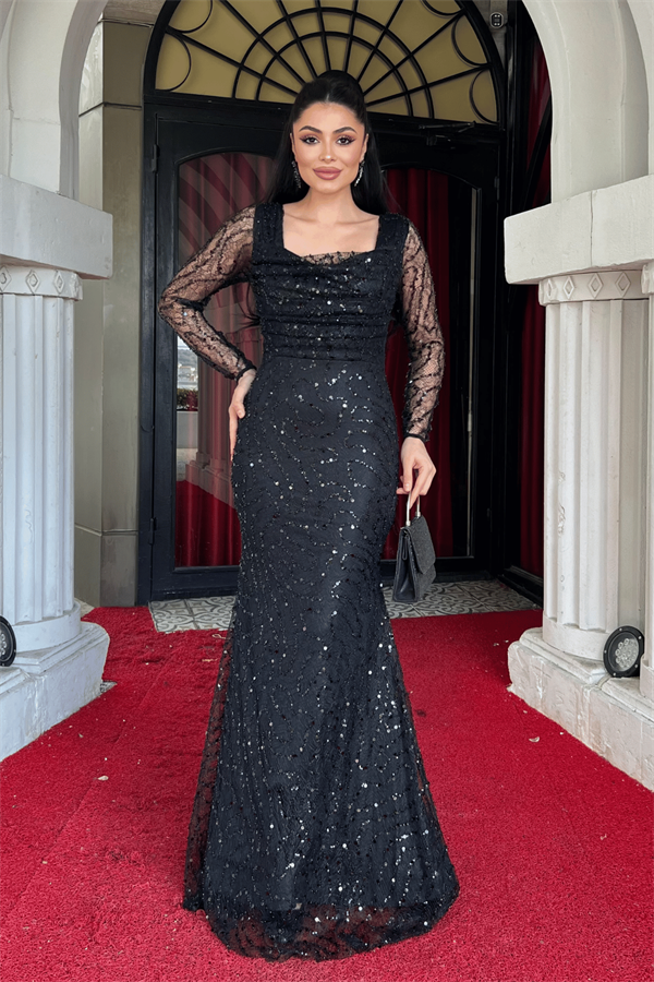 Full Boncuklu Kumaş Degaje Yaka Balık Elbise - SİYAH