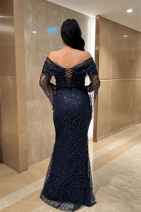 Full Boncuklu Kumaş Kayık Yaka Abiye Elbise - LACİVERT