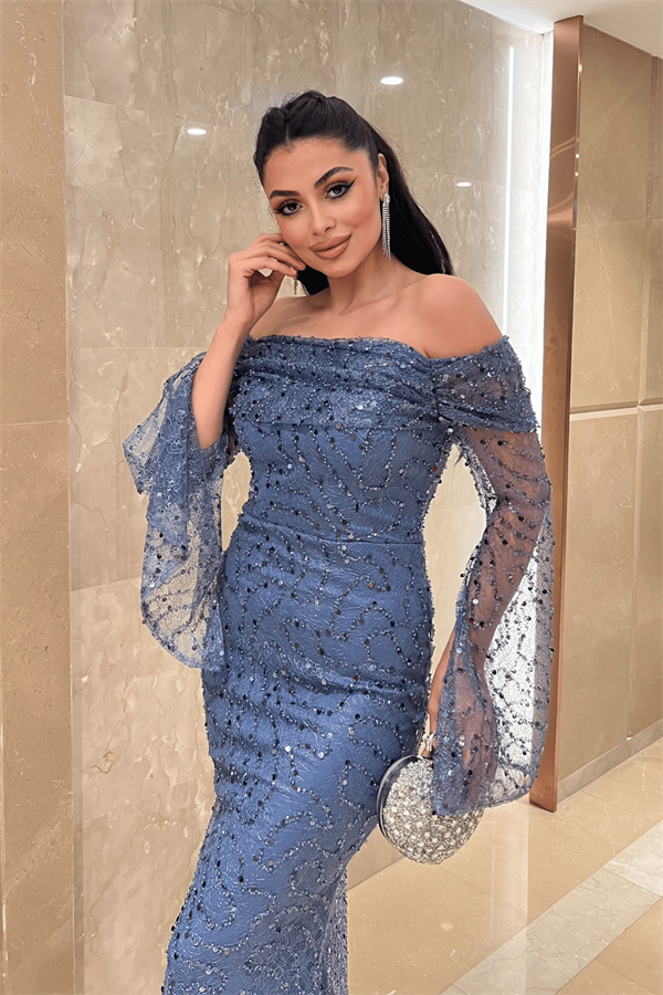 Full Boncuklu Kumaş Kayık Yaka Abiye Elbise - İNDİGO MAVİ