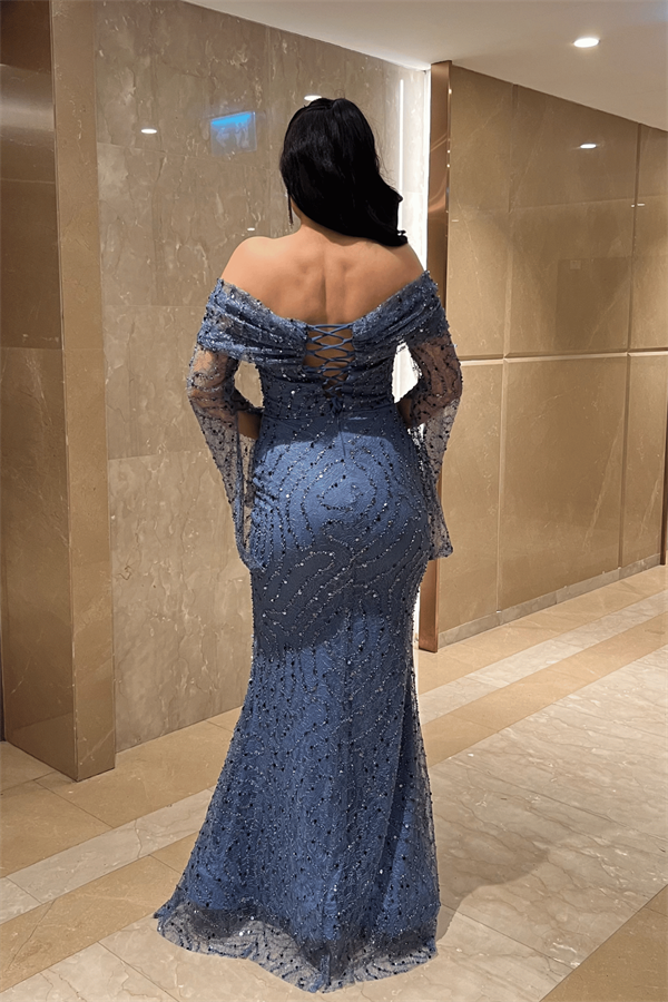 Full Boncuklu Kumaş Kayık Yaka Abiye Elbise - İNDİGO MAVİ