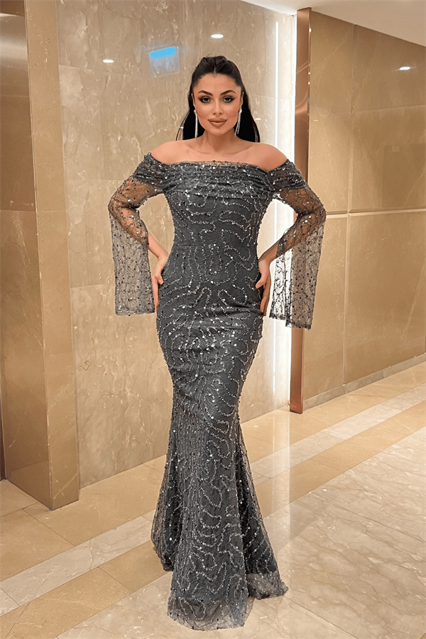 Full Boncuklu Kumaş Kayık Yaka Abiye Elbise - ANTRASİT