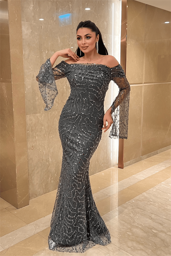 Full Boncuklu Kumaş Kayık Yaka Abiye Elbise - ANTRASİT