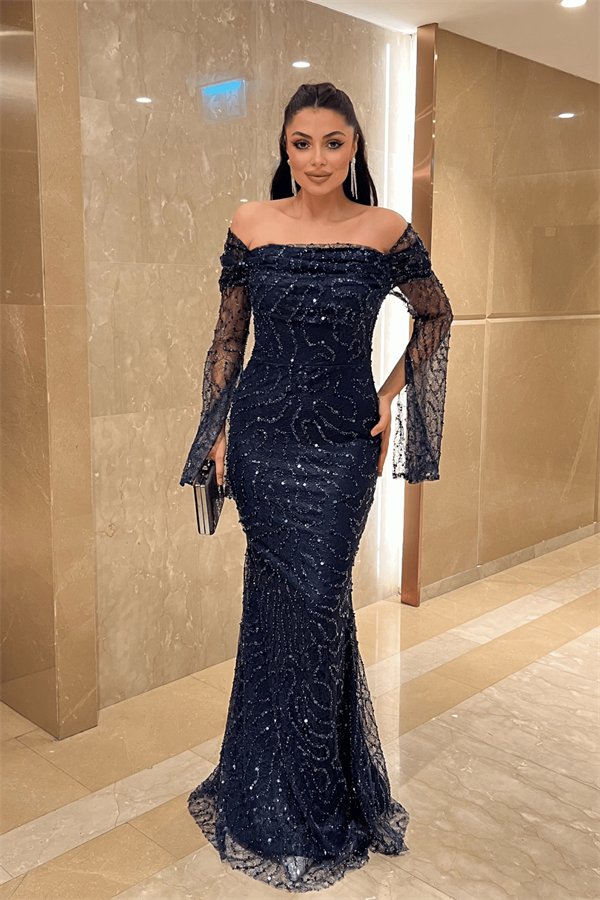 Full Boncuklu Kumaş Kayık Yaka Abiye Elbise - LACİVERT