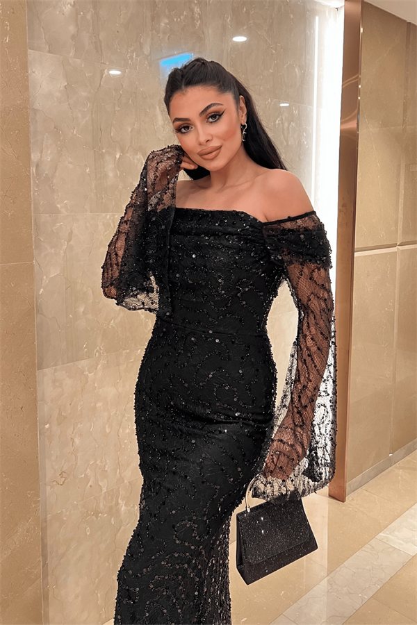 Full Boncuklu Kumaş Kayık Yaka Abiye Elbise - SİYAH