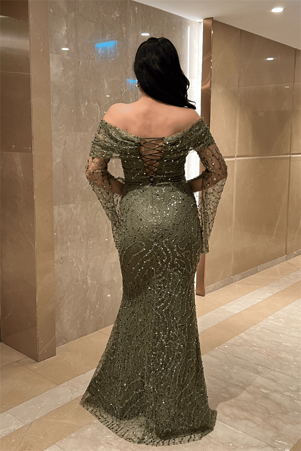 Full Boncuklu Kumaş Kayık Yaka Abiye Elbise - HAKİ YEŞİLİ