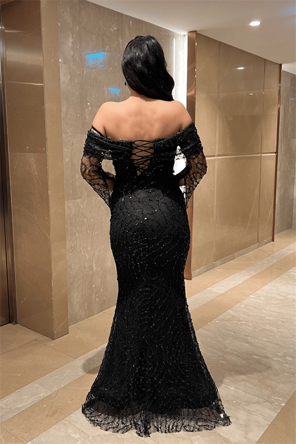 Full Boncuklu Kumaş Kayık Yaka Abiye Elbise - SİYAH