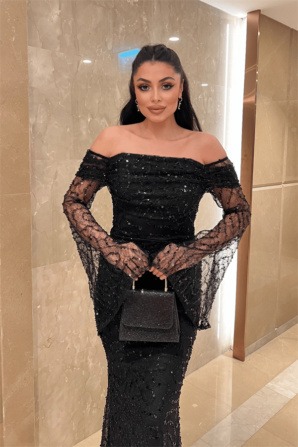 Full Boncuklu Kumaş Kayık Yaka Abiye Elbise - SİYAH