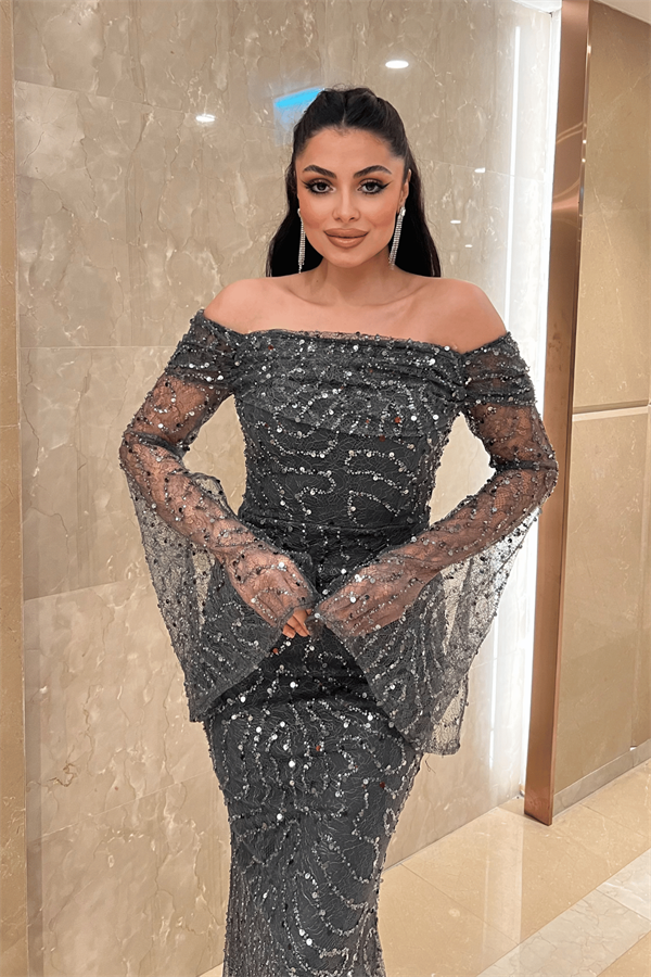 Full Boncuklu Kumaş Kayık Yaka Abiye Elbise - ANTRASİT