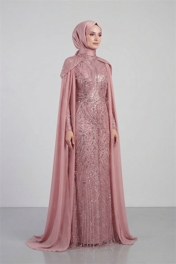 Full Boncuklu Kumaş Kolları Sifon Detaylı Tesettür  Elbise - PUDRA