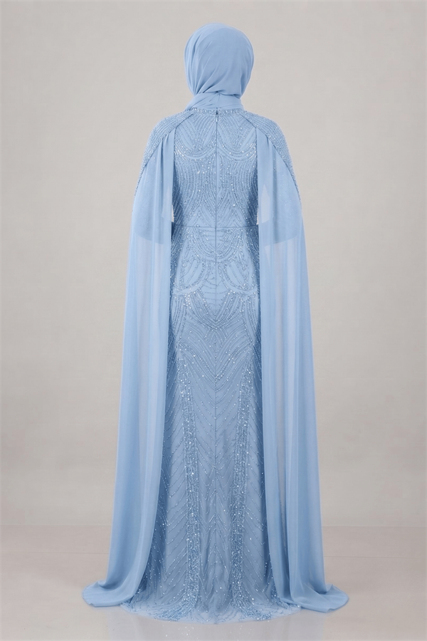 Full Boncuklu Kumaş Kolları Sifon Detaylı Tesettür  Elbise - BEBE MAVİSİ