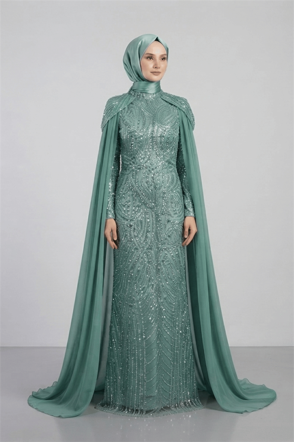 Full Boncuklu Kumaş Kolları Sifon Detaylı Tesettür  Elbise - MİNT YEŞİLİ
