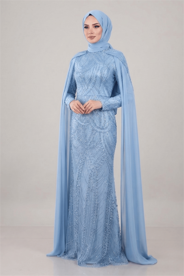 Full Boncuklu Kumaş Kolları Sifon Detaylı Tesettür  Elbise - BEBE MAVİSİ