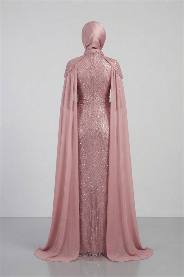 Full Boncuklu Kumaş Kolları Sifon Detaylı Tesettür  Elbise - PUDRA