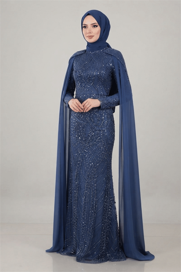 Full Boncuklu Kumaş Kolları Sifon Detaylı Tesettür  Elbise - İNDİGO MAVİ