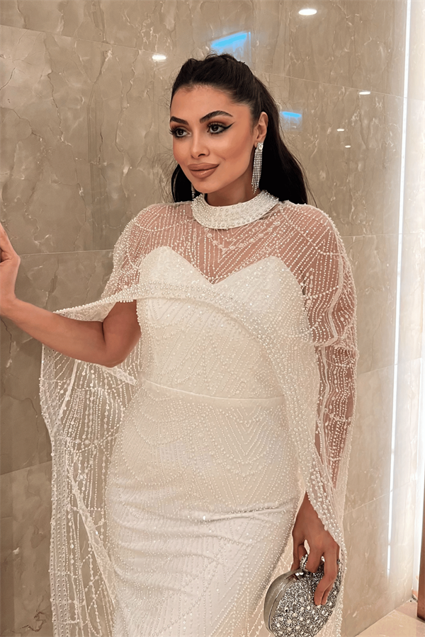 Full Boncuklu Kumaş Pelerin Detaylı Abiye Elbise - BEYAZ