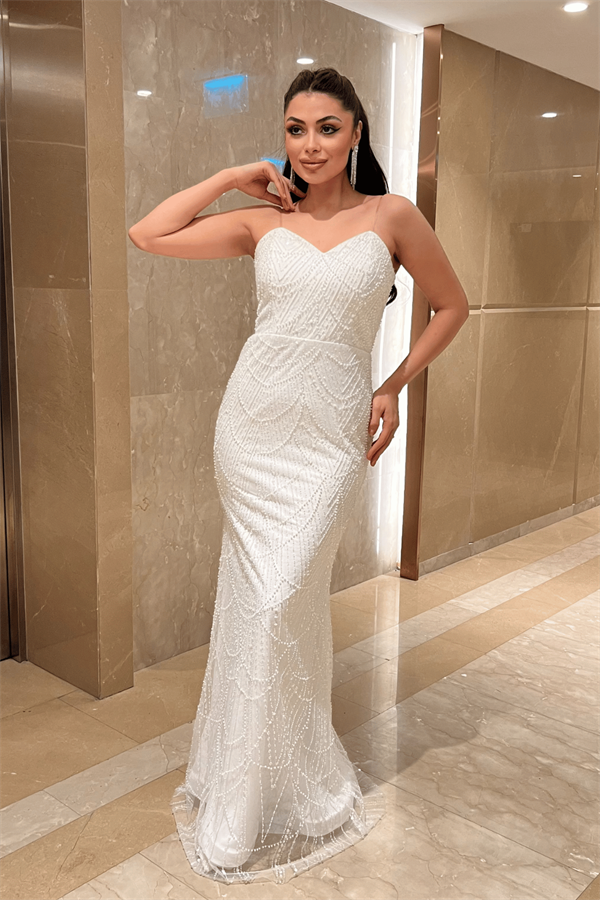 Full Boncuklu Kumaş Pelerin Detaylı Abiye Elbise - BEYAZ