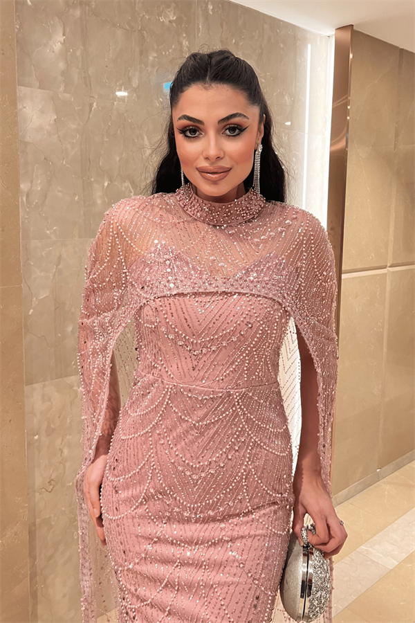 Full Boncuklu Kumaş Pelerin Detaylı Abiye Elbise - PUDRA