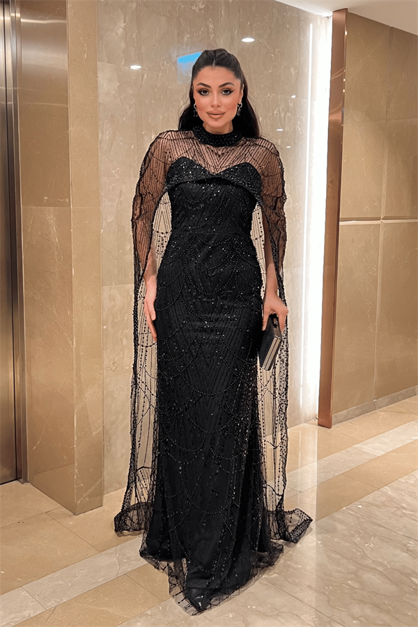 Full Boncuklu Kumaş Pelerin Detaylı Abiye Elbise - SİYAH