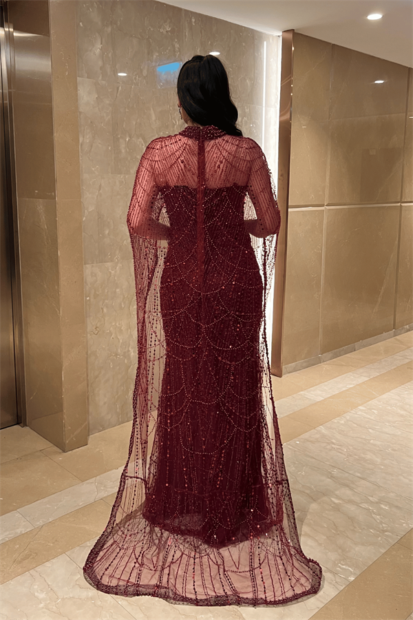 Full Boncuklu Kumaş Pelerin Detaylı Abiye Elbise - BORDO