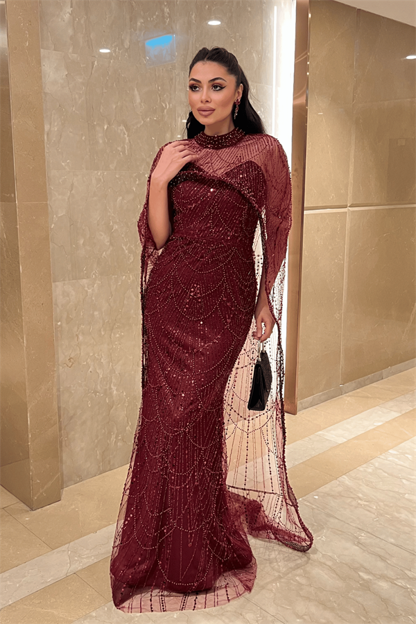 Full Boncuklu Kumaş Pelerin Detaylı Abiye Elbise - BORDO